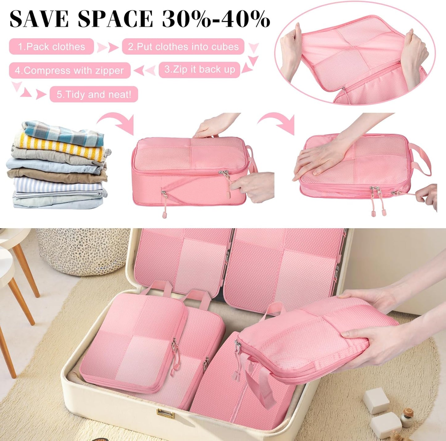 8 Set Compression Packing Cubes Travel, Lightweight Expandable Travel Cubes Suitcase Organizer for Carry On Luggage Suitcase, Pink