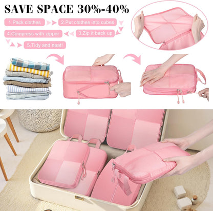8 Set Compression Packing Cubes Travel, Lightweight Expandable Travel Cubes Suitcase Organizer for Carry On Luggage Suitcase, Pink