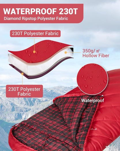 KingCamp Sleeping Bag for Adults, Cold Weather & Warm Extra Wide Big & Tall XL Portable Waterproof Flannel Sleeping Bags, Essentials Gear Accessories for Camping Backpacking Hiking Indoor & Outdoor