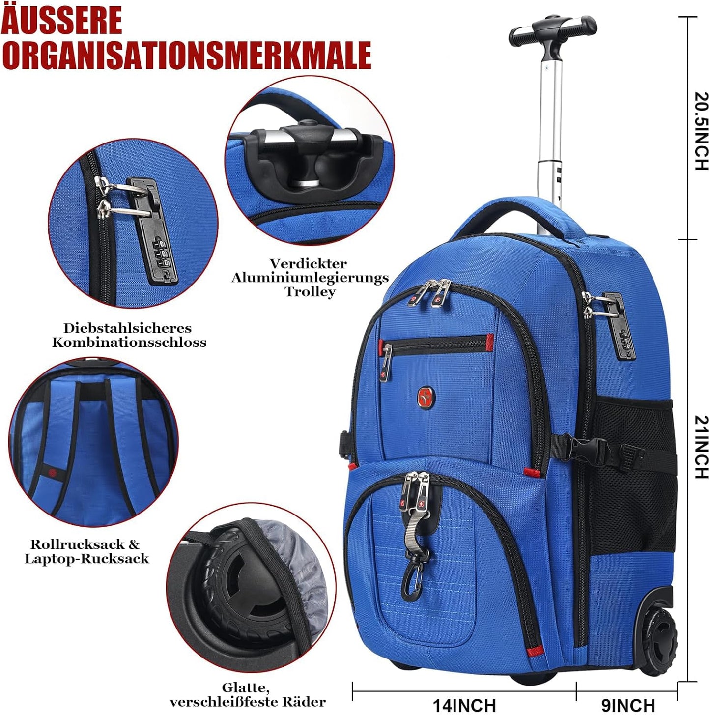 star cloud 21x14x9 Rolling Backpack with Wheels - Water-Resistant, 17.3" Laptop Compartment, Ideal Carry-On for Overnight Travel, College, Work - Wheeled Business Backpack for Adults (Blue)