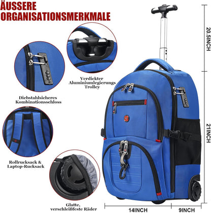 star cloud 21x14x9 Rolling Backpack with Wheels - Water-Resistant, 17.3" Laptop Compartment, Ideal Carry-On for Overnight Travel, College, Work - Wheeled Business Backpack for Adults (Blue)