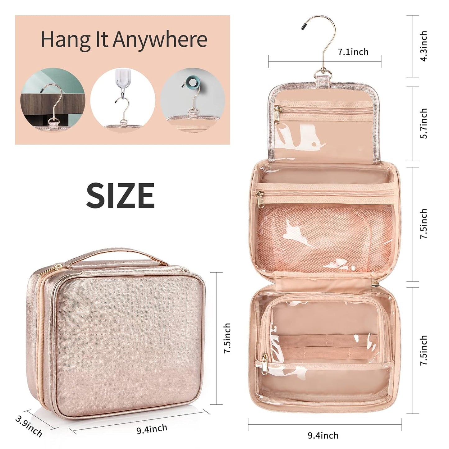 Toiletry Bag for Women - Hanging Travel Toiletry Bag with 360° Hook 3 Compartments Makeup Organizer with Portable Handle PU Leather Water-resistant Cosmetic Pouch