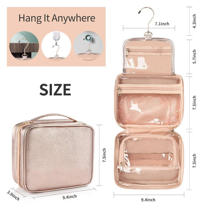 Toiletry Bag for Women - Hanging Travel Toiletry Bag with 360° Hook 3 Compartments Makeup Organizer with Portable Handle PU Leather Water-resistant Cosmetic Pouch