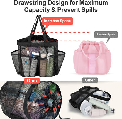 F-color Mesh Shower Caddy Portable with Drawstring - 8 Pockets Dorm Room Essentials for Guys Girls with S Hook, Shower Bag Basket Tote for College Camping Bathroom, 2 Pack Black & Mint Green