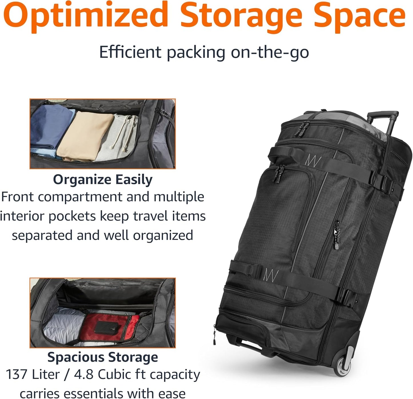 Amazon Basics 35-inch Large Rolling Duffle Bag with Wheels and Handle, Travel Duffle Bag with Durable Ripstop Polyester Material, 2 Layers of Space, Multiple Interior and Exterior Pockets, Black