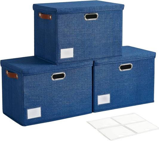 17" Large Collapsible Storage Bins with Lids, Stackable Closet Organizers with PU Handle and Labels, 3-Pack Decorative Fabric Storage Boxes for Home, Bedroom, Closet, Office, Nursery(Navy)