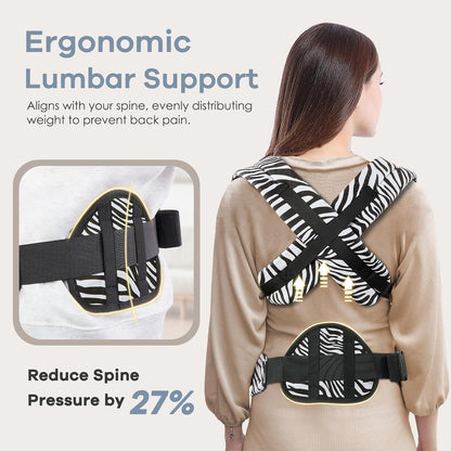 Baby Carrier with Lumbar Support, Cozy Baby Carrier Newborn to Toddler with Adjustable Seat Size, Ergonomic Infant Carrier with 3-Way Carry, Front Facing Toddler Hodler Carrier for Mom & Dad, Zebra