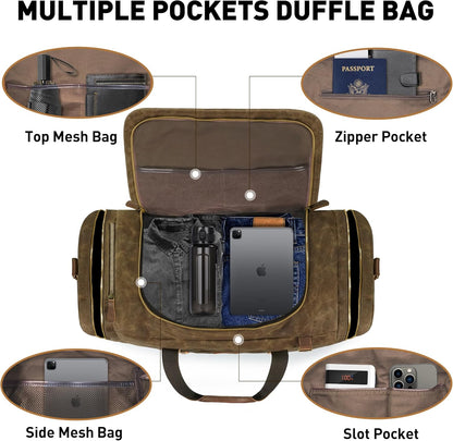 60L Travel Bags for Men, Nomad Washed Canvas Duffle Bag Vintage Genuine Leather Travel Duffel Bag Multifunctional Weekender Overnight Backpack with Shoes Compartment