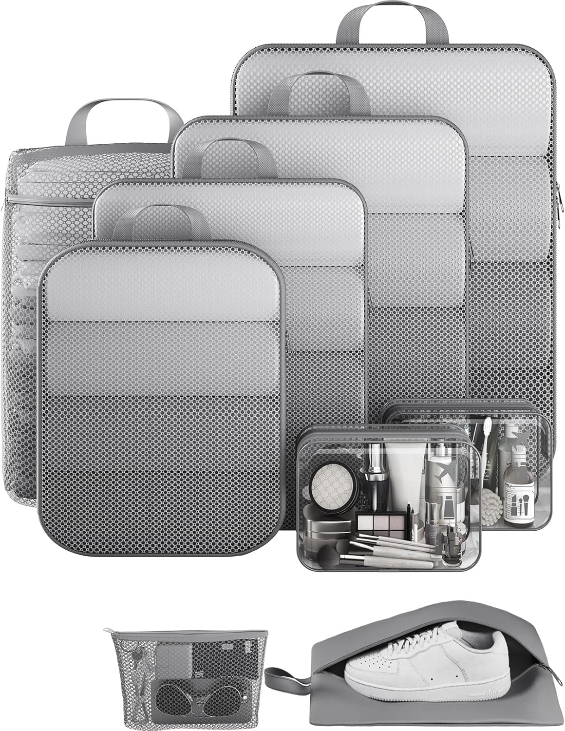 Veken 9/11 Set Compression Packing Cubes for Travel Essentials,Compressible Expandable Large Luggage Suitcase Organizer Bags for Clothing,Durable Space Saver Storage Bags with Toiletry Bags(Gray)