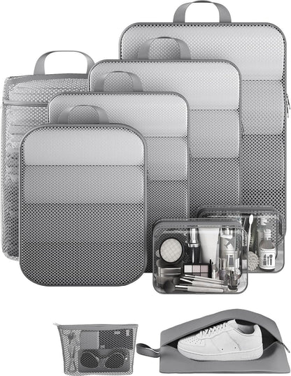 Veken 9/11 Set Compression Packing Cubes for Travel Essentials,Compressible Expandable Large Luggage Suitcase Organizer Bags for Clothing,Durable Space Saver Storage Bags with Toiletry Bags(Gray)