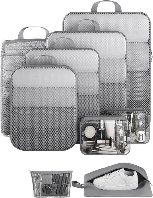 Veken 9/11 Set Compression Packing Cubes for Travel Essentials,Compressible Expandable Large Luggage Suitcase Organizer Bags for Clothing,Durable Space Saver Storage Bags with Toiletry Bags(Gray)