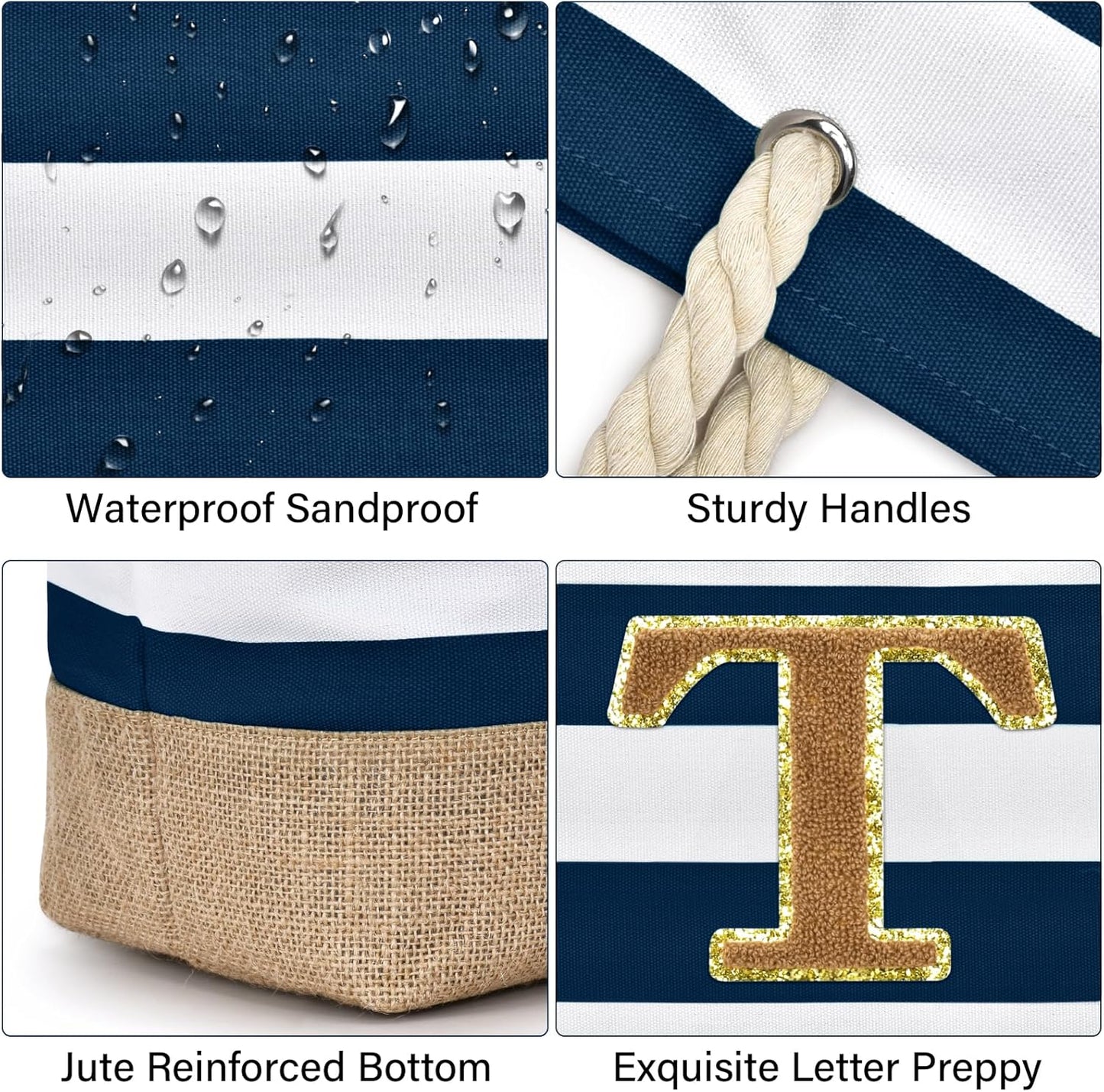 Becokan Beach Bag Initial Beach Tote with Makeup Bag for Travel Work Storage Personalized Birthday Gifts for Women Her