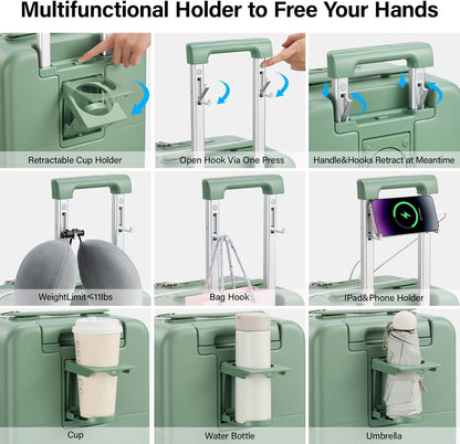 Hanke 20 Inch Carry On Luggage with Cup Holder and Charge,Top Opening Hard Shell Suitcases with Wheels and Dividers,Aluminum Frame Trunk Luggage Small Suitcase with Lock for Travel,Forest Green