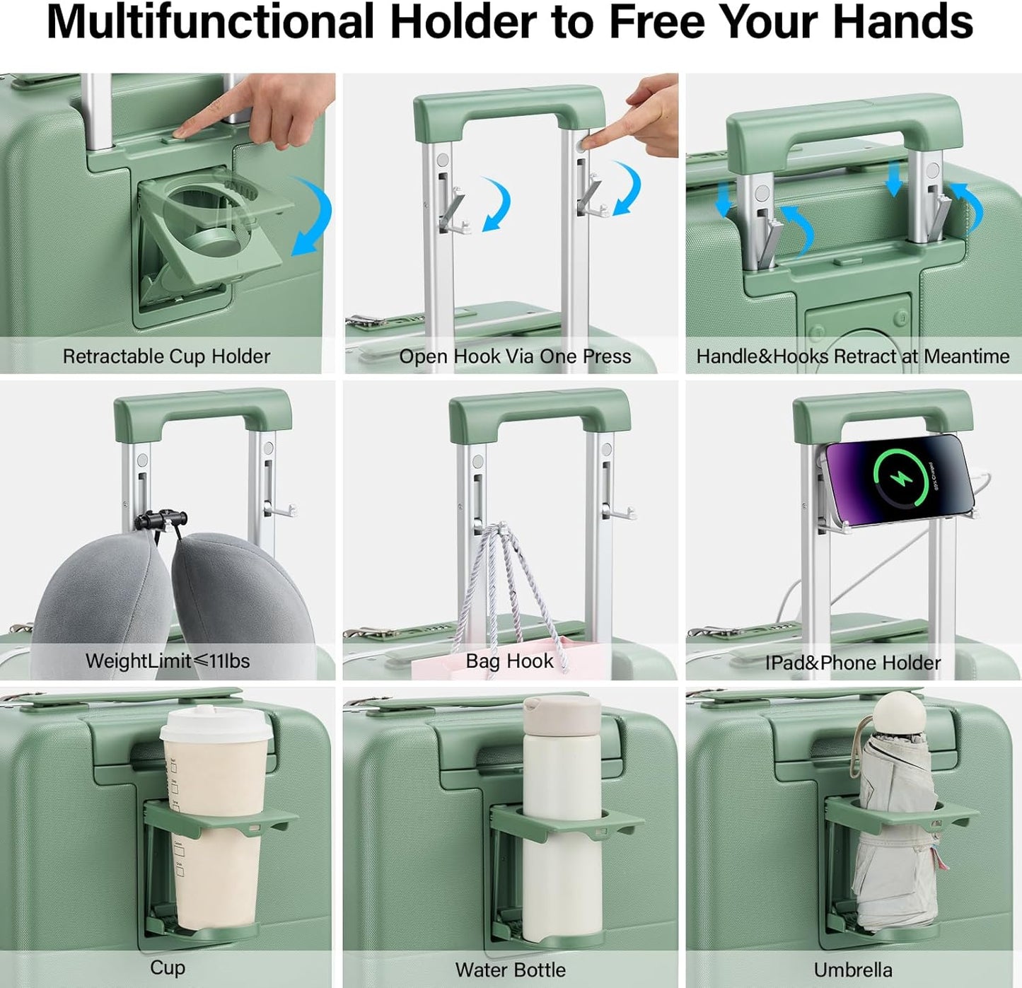 Hanke 24 Inch Luggage with Cup Holder and Charge,Top Opening Hard Shell Suitcases with Wheels and Dividers,Aluminum Frame Trunk Luggage Medium Checked Suitcase with Lock for Travel,Forest Green