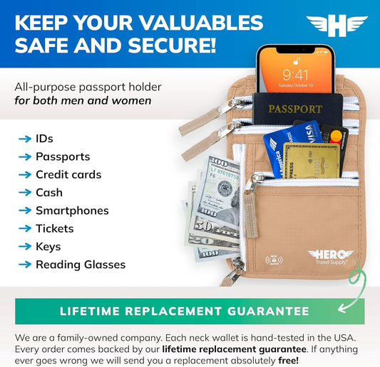 HERO Neck Wallet - RFID Blocking Passport Holder, Easy to Conceal and Pouch