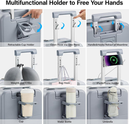 Hanke 20 Inch Carry On Luggage with Cup Holder and Charge,Top Opening Hard Shell Suitcases with Wheels and Dividers,Aluminum Frame Trunk Luggage Small Suitcase with Lock for Travel,Gray