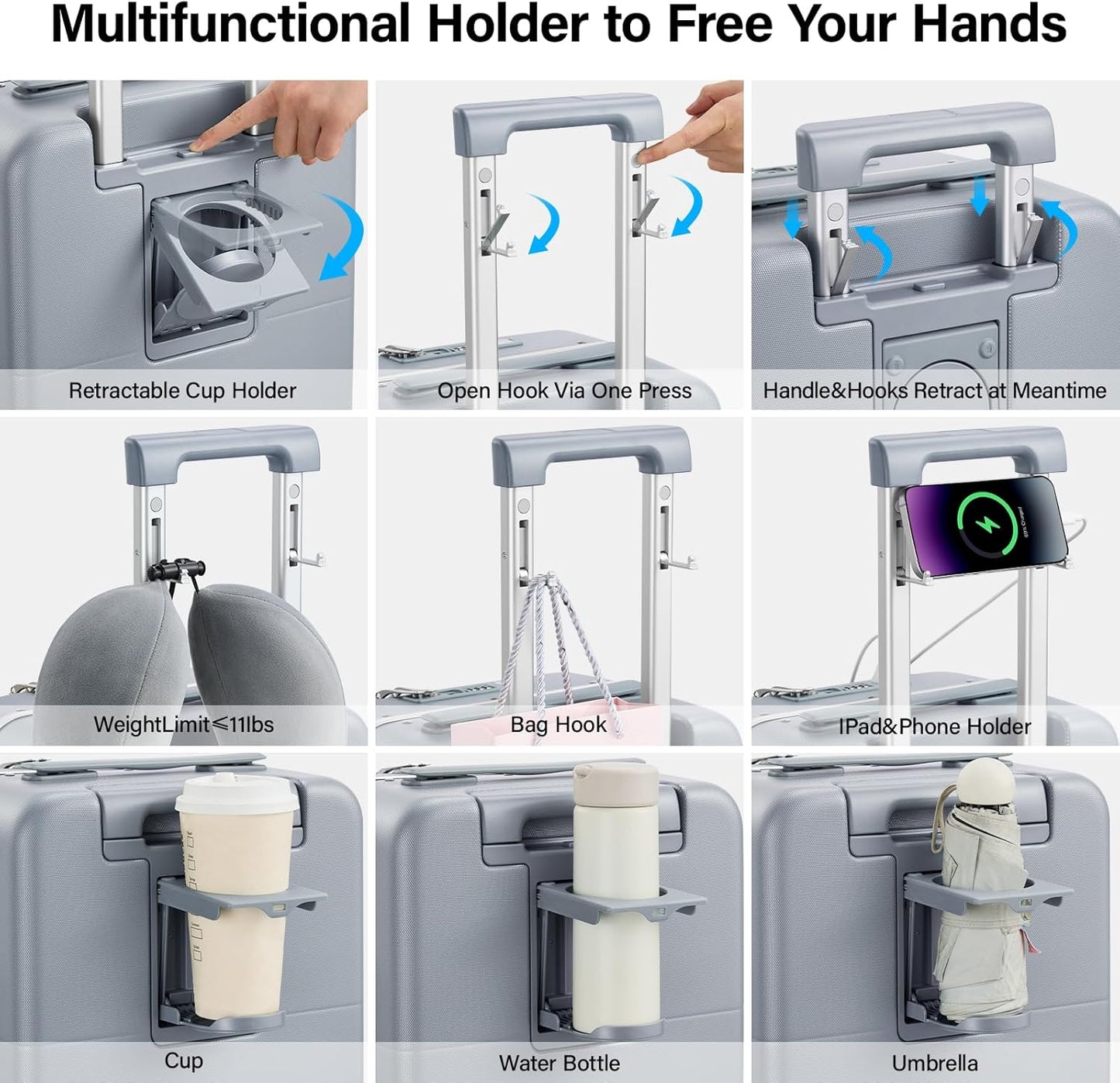 Hanke 24 Inch Luggage with Cup Holder and Charge,Top Opening Hard Shell Suitcases with Wheels and Dividers,Aluminum Frame Trunk Luggage Medium Checked Suitcase with Lock for Travel,Gray