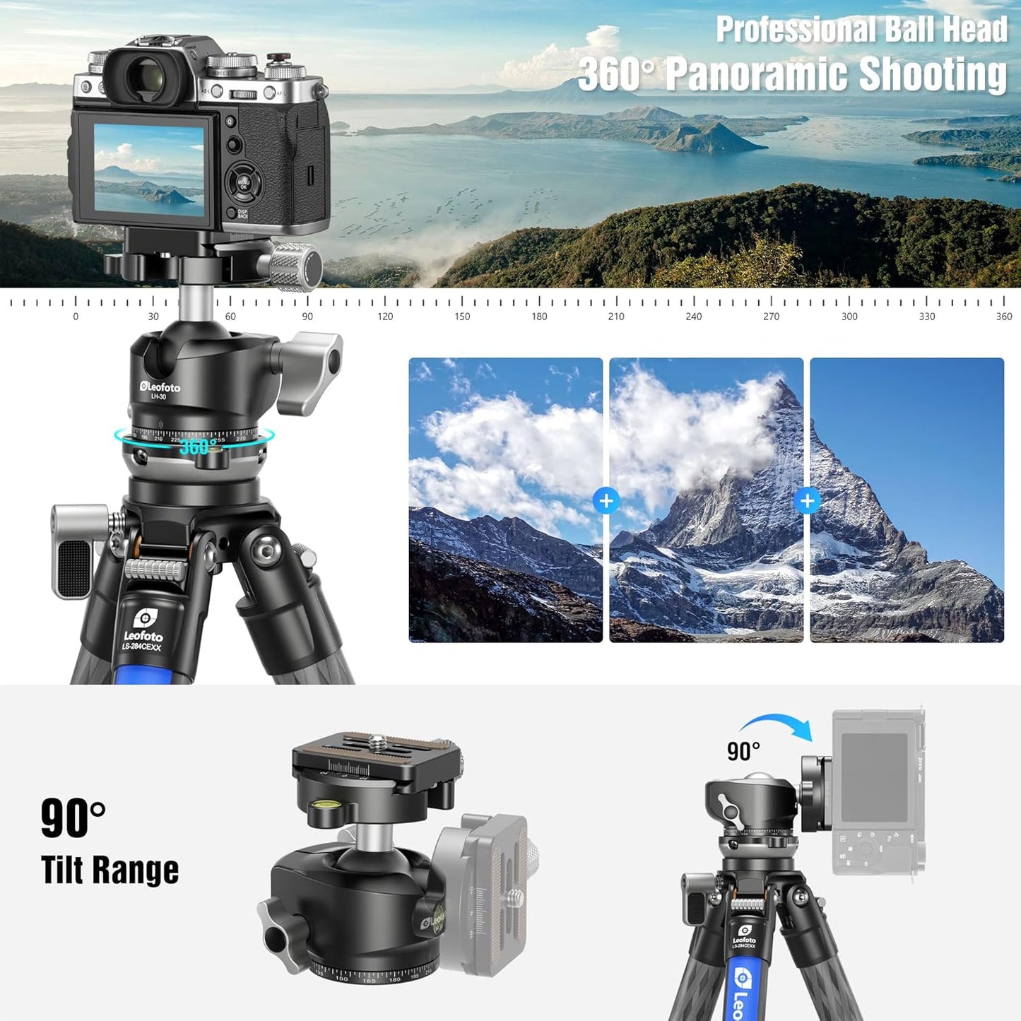 LEOFOTO Carbon Fiber Tripod with Leveling Base for Camera, 360° Rotating Ball Head, 1/4" QR Plate for Sport Camera/Phone/Projector, Compact Tripod with Panoramic Base, A Bubble Level, Max Load 22LB