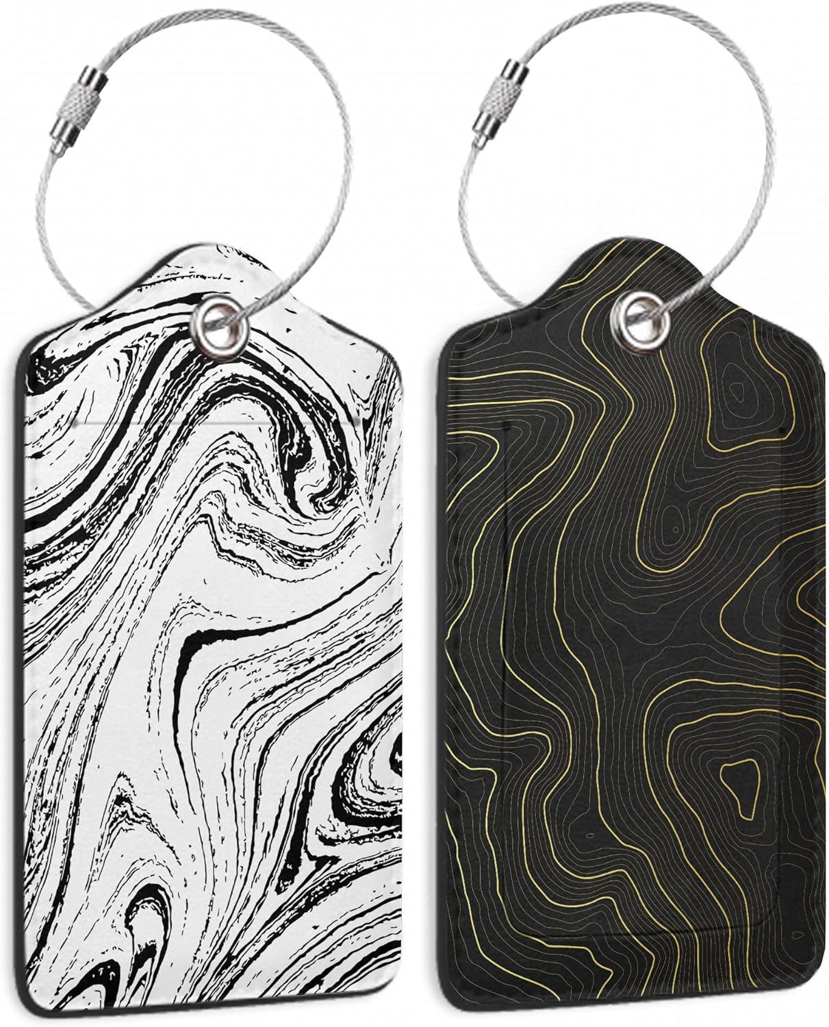 Set of 2 Topographic, Gold Contour Map Luggage Tags for Suitcases, Leather Suitcase Tag Name Identifiers Labels for Travel Bag Baggage Backpack