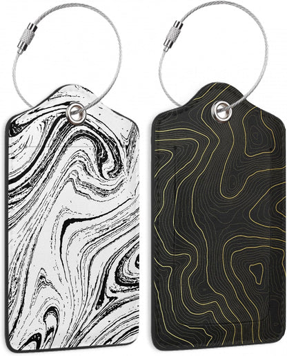 Set of 2 Topographic, Gold Contour Map Luggage Tags for Suitcases, Leather Suitcase Tag Name Identifiers Labels for Travel Bag Baggage Backpack