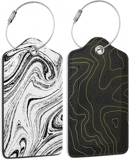Set of 2 Topographic, Gold Contour Map Luggage Tags for Suitcases, Leather Suitcase Tag Name Identifiers Labels for Travel Bag Baggage Backpack