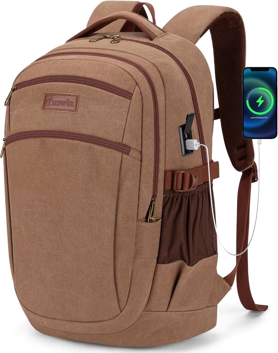 Tzowla Vintage Canvas Laptop Backpack for Men and Women,College Travel Work Rucksack with USB/Type-C Charging Port,Lightweight Bookbag Hiking Casual Daypack Backpacks Fit 15.6 Inch Notebook(Brown)