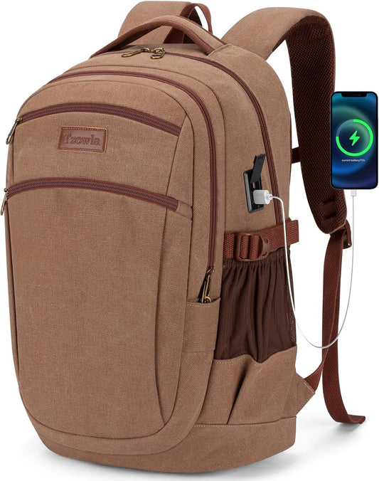Tzowla Vintage Canvas Laptop Backpack for Men and Women,College Travel Work Rucksack with USB/Type-C Charging Port,Lightweight Bookbag Hiking Casual Daypack Backpacks Fit 15.6 Inch Notebook(Brown)