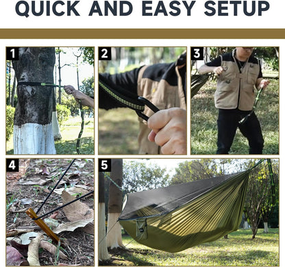 Camping Hammock with Mosquito Net and Ridge Rope, Extra Large for 2 Person, Lightweight Hanging Hammocks Tree Straps, All-in-one Fast Open Hammock for Outside, Hiking, and Travel