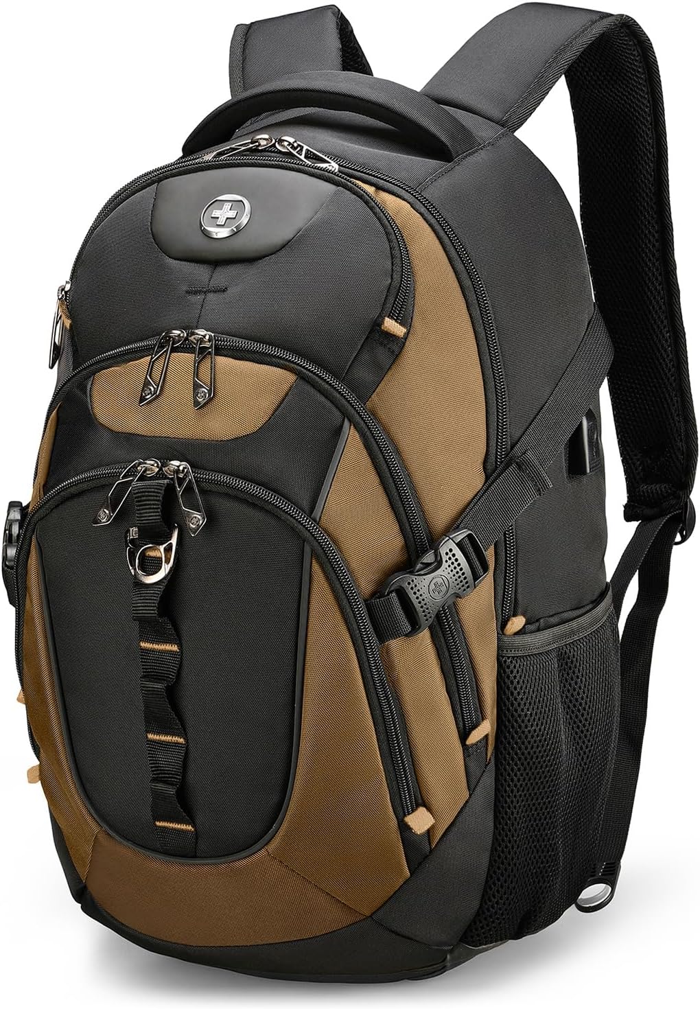 Swissdigital Design Laptop Backpack with USB Charging Port, TSA Travel Backpack Fits 15.6 inches Computer, 31L College School Backpack for Men, Tan/Black | SD803