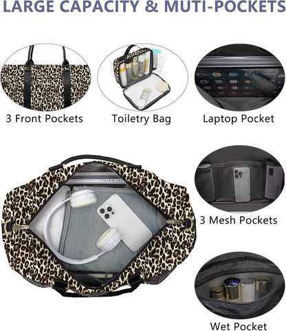 Women Duffle Weekender Travel Bag: Large Duffel Bags with Shoe Compartment Carry On Overnight Tote Bag with Wet Pocket Toiletry Bag Traveling Weekend Gym Yoga Hospital Bags for Womens Brown Leopard