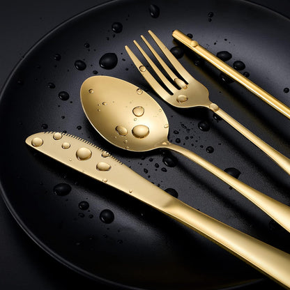 Boulder Bee | Travel Utensils Set | Reusable Camping Cutlery Set | Stainless Steel Flatware Set | Portable Silverware Set with Case | Includes Knife/Fork/Spoon/Straw/Cleaning Cloth/Case (Gold)