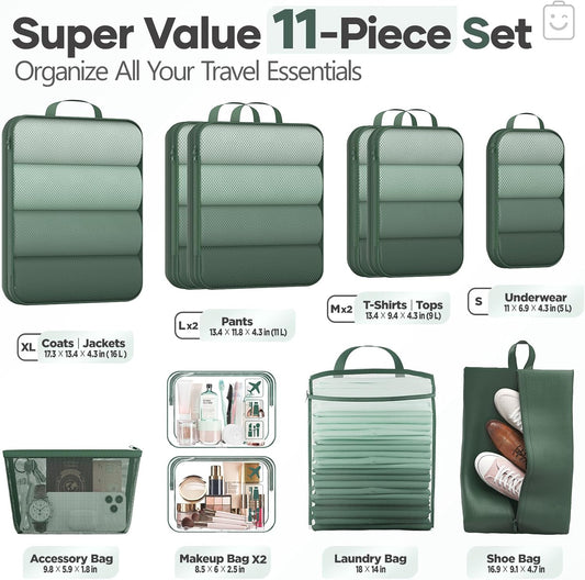 Veken 11 Set Compression Packing Cubes for Travel Essentials,Compressible Expandable Large Luggage Suitcase Organizer Bags for Clothing,Durable Space Saver Storage Bags with Toiletry Bags(Dark Green)