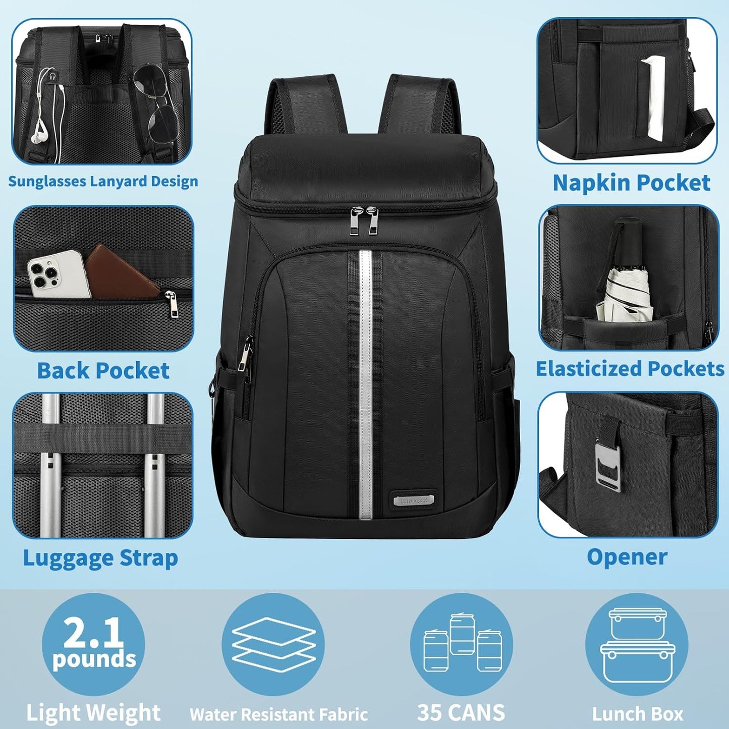 Backpack Cooler Insulated Leak Proof 35 Cans, 2 Insulated Compartments Thermal Bag, Portable Lightweight Beach Travel Camping Lunch Backpack for Men and Women, 30L, Reflective Stripes, Water-Resistant