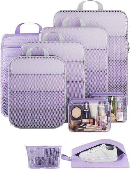 Veken 9/11 Set Compression Packing Cubes for Travel Essentials,Compressible Expandable Large Luggage Suitcase Organizer Bags for Clothing,Durable Space Saver Storage Bags(Light Purple)