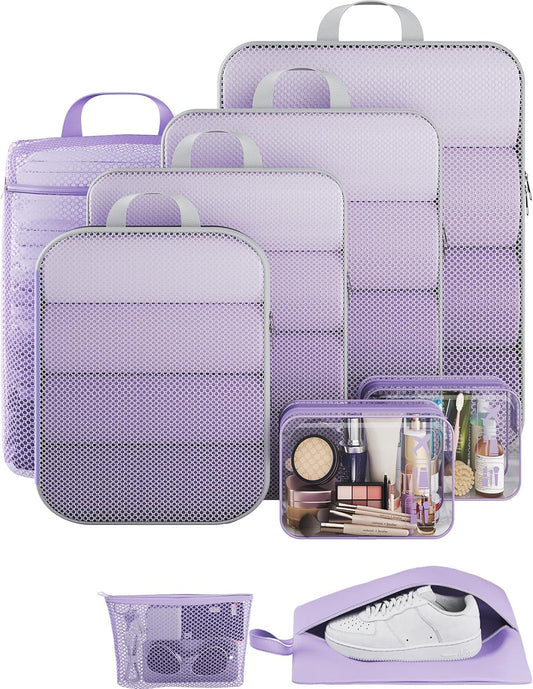 Veken 9/11 Set Compression Packing Cubes for Travel Essentials,Compressible Expandable Large Luggage Suitcase Organizer Bags for Clothing,Durable Space Saver Storage Bags(Light Purple)