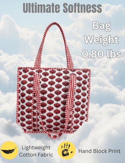 Cotton Quilted Tote Bag for Women – Large Beach & Travel Tote with Zipper, Reusable Grocery Bag