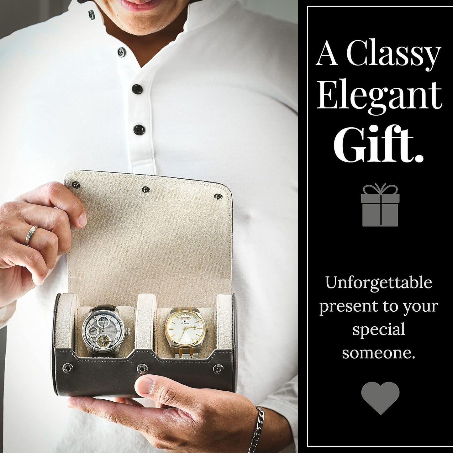 2 Watch Roll Travel Case for Men - Double Watch Case - Slate Grey/Ivory White Vegan Leather