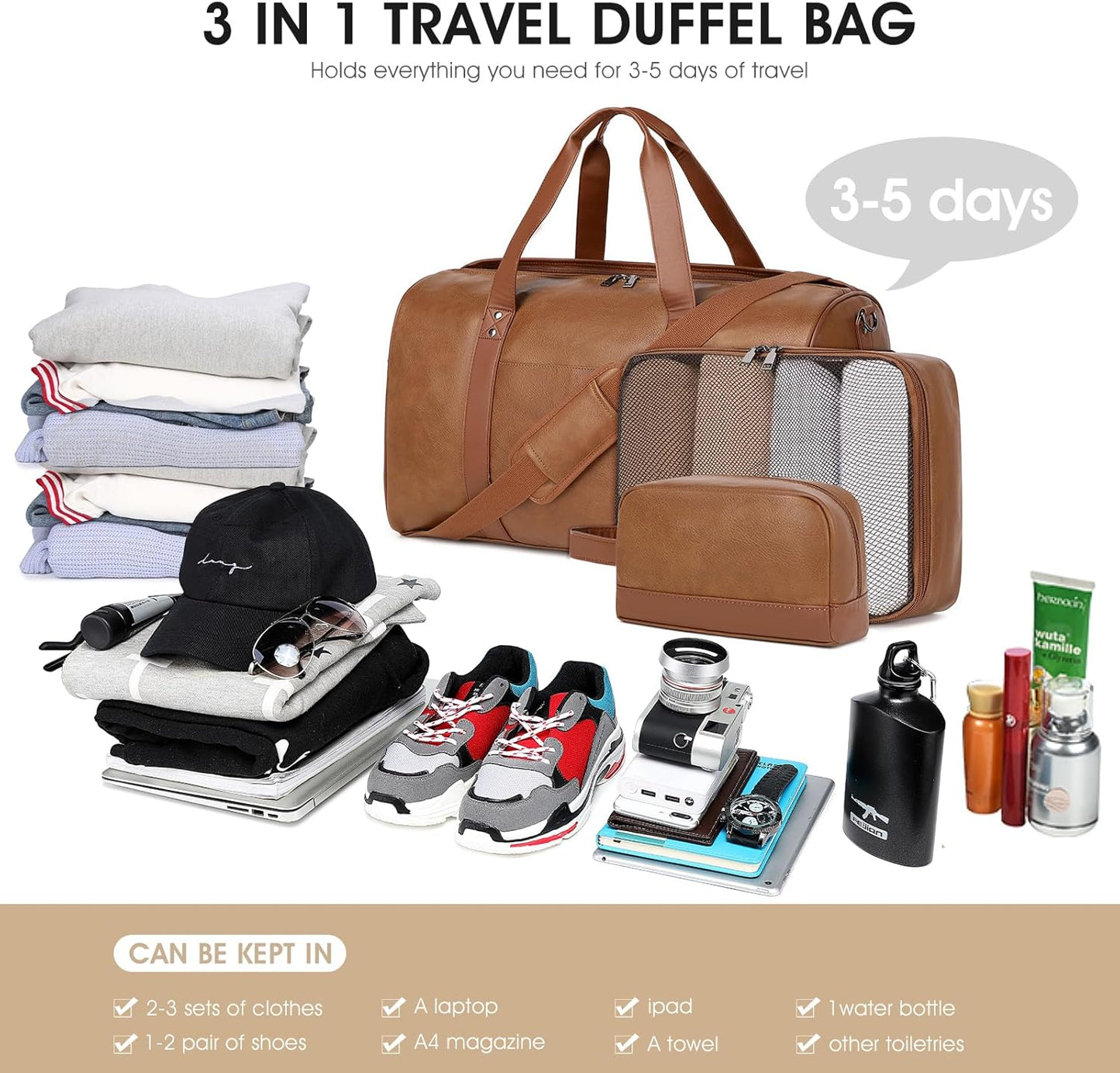 Wogarl 3PCS Leather Weekender Bag for Women Men Large Overnight Bag Travel Duffel Bag with Shoe Compartment Toiletry Packing Cube Carry On Bag Fit 21"" Laptop(Light Brown), YT042