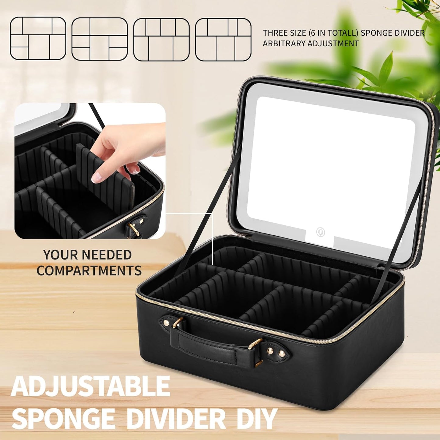 Makeup Bag with LED Mirror & Magnifier, Large Cosmetic Organizer Travel Makeup Case with Adjustable Brightness & 6 Detachable Dividers, Portable Makeup Storage for Women Girls (Black)