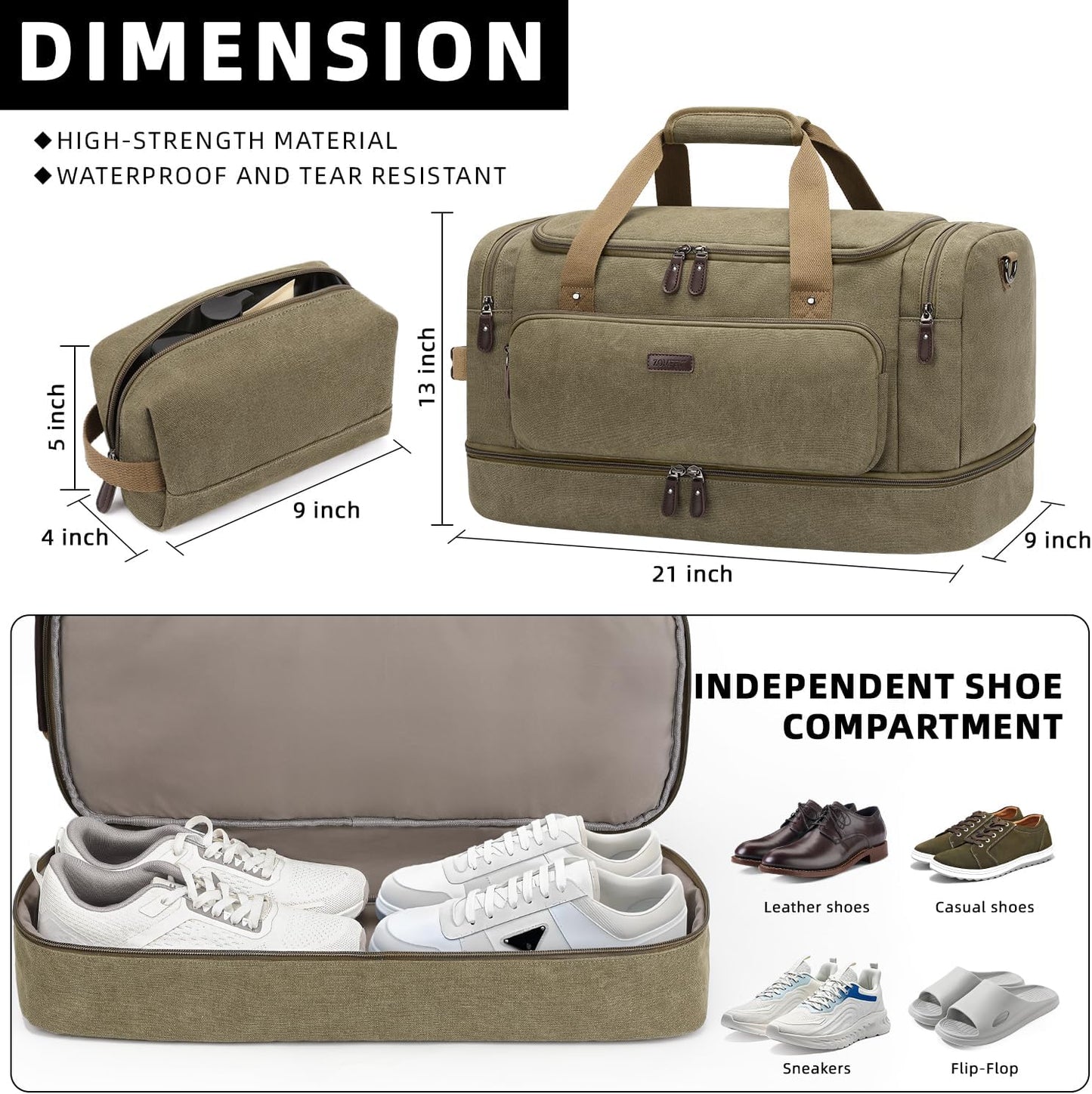 ZOMFELT Duffle Bag for travel, 40L Canvas Travel Duffel Bags for Men Women, Water Resistant Overnight Weekender Bag with Toiletry Bag & Shoe Compartment, Carry on Luggage Bag for Travel, Gym, Green