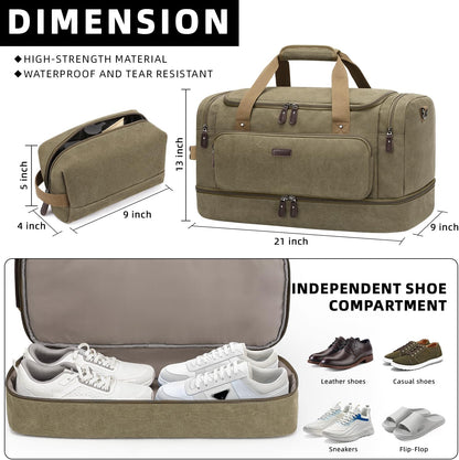 ZOMFELT Duffle Bag for travel, 40L Canvas Travel Duffel Bags for Men Women, Water Resistant Overnight Weekender Bag with Toiletry Bag & Shoe Compartment, Carry on Luggage Bag for Travel, Gym, Green