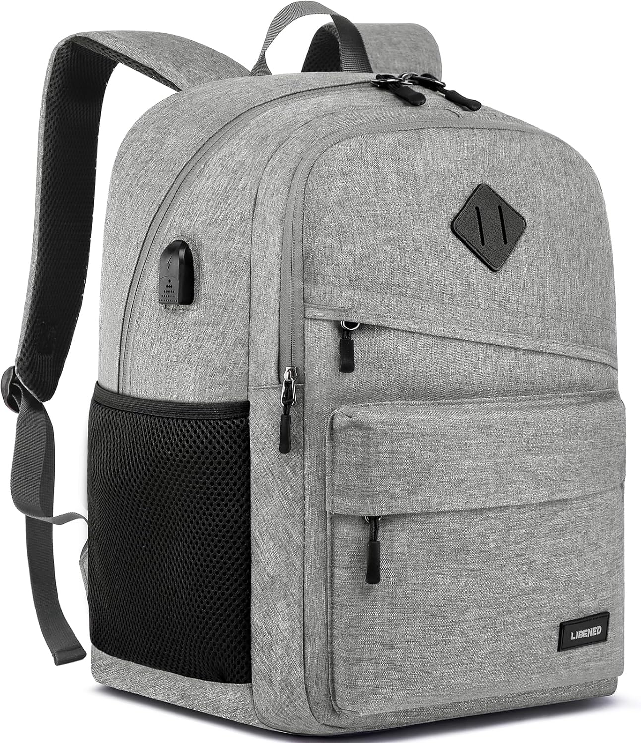 School Backpack for Teen Boys and Girls, with 17.3 inch Laptop Sleeve, Large Computer Bag Mochila with 2 Compartments, Ergonomic Straps, Grey