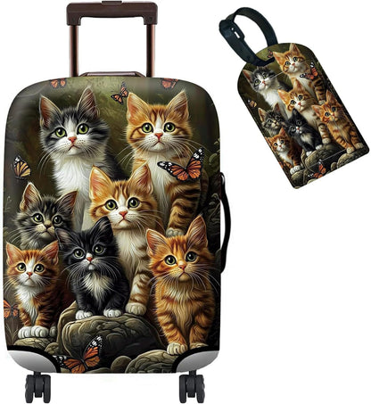 Luggage Cover + Tag, Cats Family Travel Suitcase Protector for 18-20 inch Luggage (S) with Concealed Zipper, Washable Elastic Cloth, Dustproof, Anti-Scratch