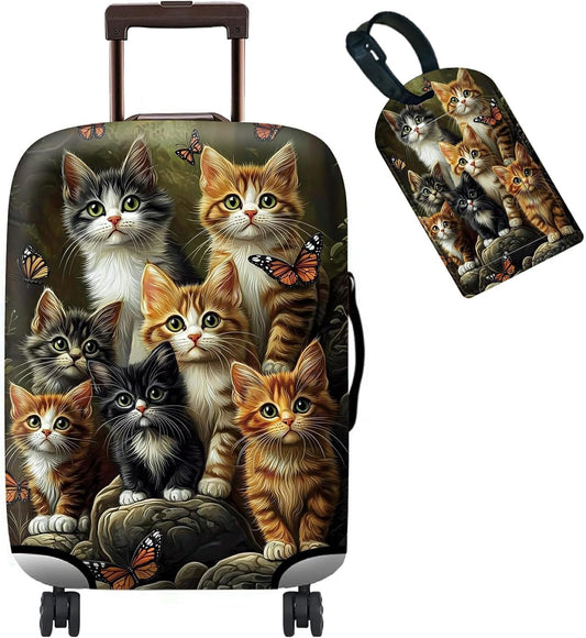 Luggage Cover + Tag, Cats Family Travel Suitcase Protector for 18-20 inch Luggage (S) with Concealed Zipper, Washable Elastic Cloth, Dustproof, Anti-Scratch