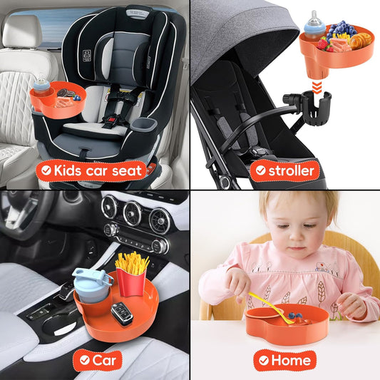 Kids Car Seat Tray, Travel Tray with Cup Holder for Toddler Baby, Kids Car Seat Food Snack Organizer for Road Trip, Stroller snack Organizer Travel Must Haves Toddler Must Haves (Orange)