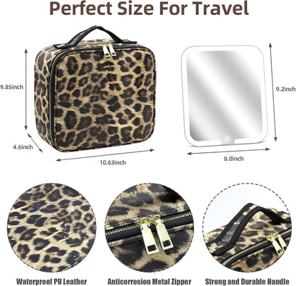 Makeup Bag with Magnetic Detachable Lighted Mirror, Travel Makeup Bag with Mirror 360° Angle, PU Leather Makeup Organizer Bag with Mirror and Lights, Portable Cosmetic Case Accessories Train Case Gift