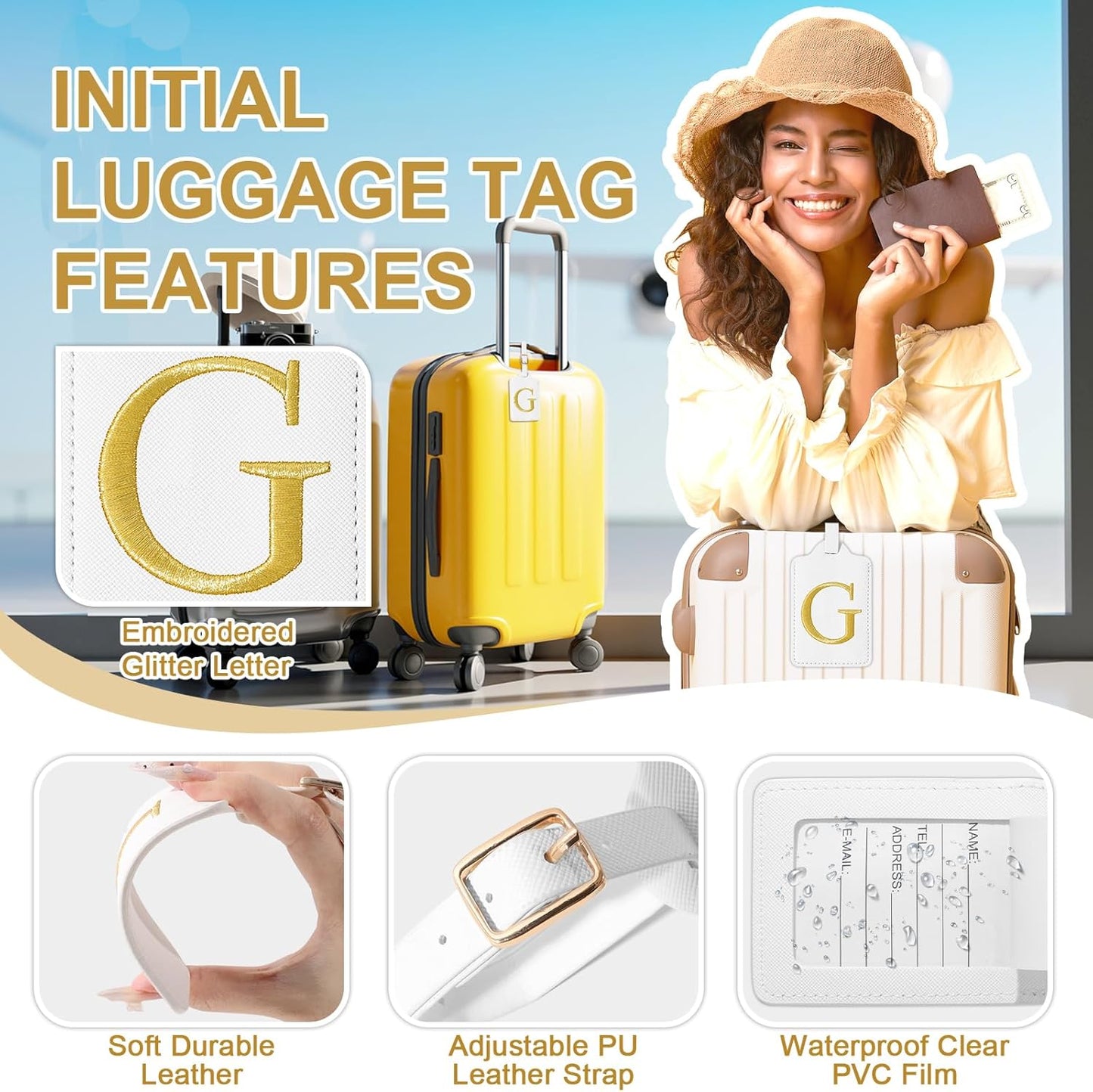 Personalized Initial Luggage Tags for Suitcase TSA Approved, White Leather Cute Luggage Tag with Privacy Cover Name Card, Embroidered Custom Luggage Tags Travel Baggage Tags Gifts for Women Kids(G)