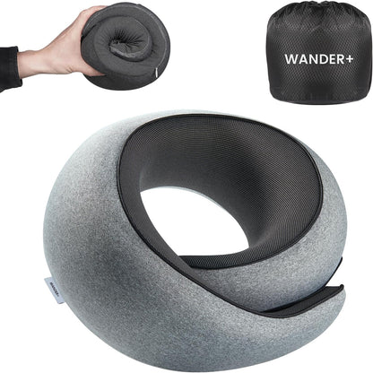 WANDER PLUS® Travel Neck Pillow, Pure Memory Foam Neck Pillow for Airplanes, Comfortable Breathable Cover, 360 Degree Support Ergonomic Design Best for Sleeping Plane Train Travel Essentials Max Grey