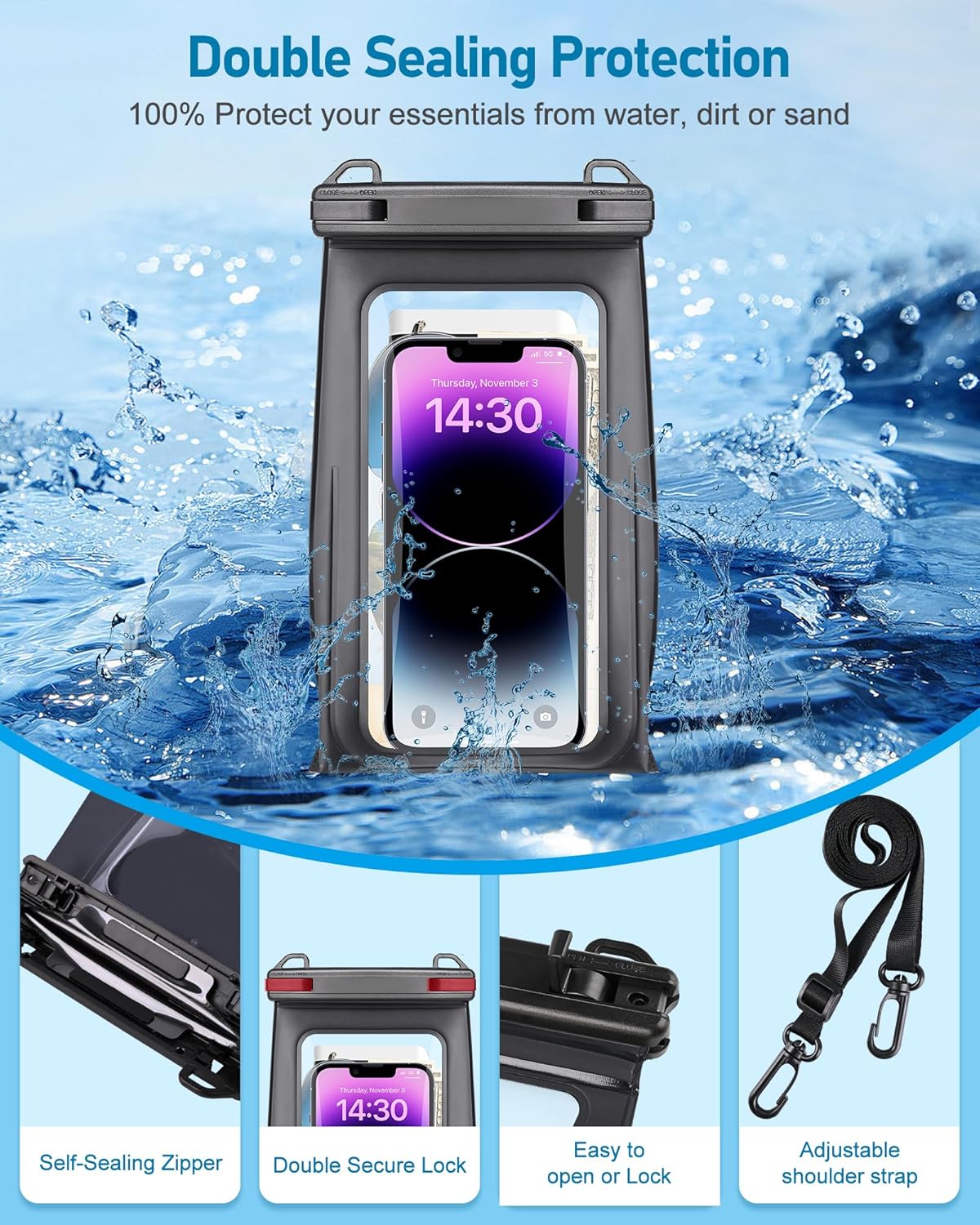 Large Waterproof Phone Pouch Universal Phone Waterproof Case for Phone IPX8 Water Proof Dry Bag with Wide Lanyard Large Capacity Waterproof Bag for Swimming Rafting