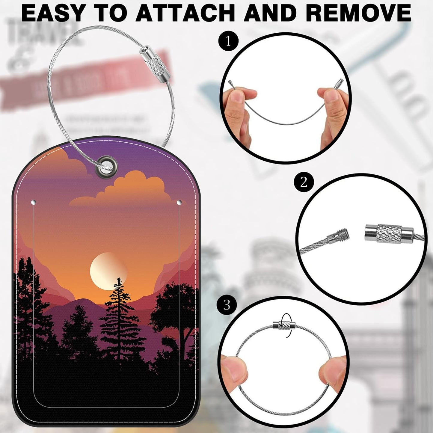 Abstract Mountain Forest Moon Leather Luggage Tag for Suitcase 2 Pack Luggage Tag with Privacy Name ID Label and Stainless Steel Loop for Travel Bag Suitcase